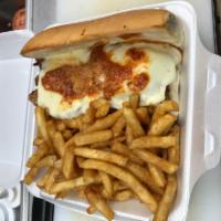 Chicken Parmesan sandwich  · Breaded chicken, mozzarella cheese marinara sauce and fries 