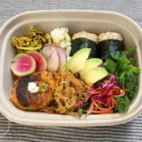 Vegan Bento Box · mostly seasonal organic or all natural ingredients 
1 protein, 3 sides including salad