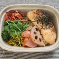  salmon bento · miso cured then seared salmon ( wild in season) with 2 daily sides and salad & brown rice 