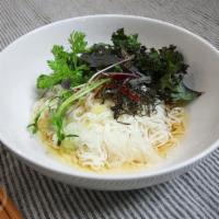 Cold Noodles with Dipping Broth · Gluten-free noodles seaweed, baby arugula, nori, tempura crunch, yuzu, spices.