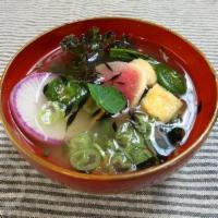 Miso Soup · Organic white miso, holy broth (vegan), seasonal vegetables. Nutritious, antioxidant and pro...