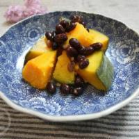 simmered  Kabocha squash · Served with red beans.  slow cooked in vegan soy / mirin broth