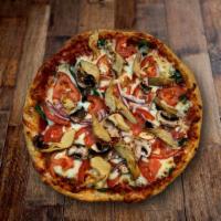 Mediterranean Pizza · Baby spinach, Roma tomatoes, red onion fresh mushroom, artichoke heart, mozzarella cheese, f...
