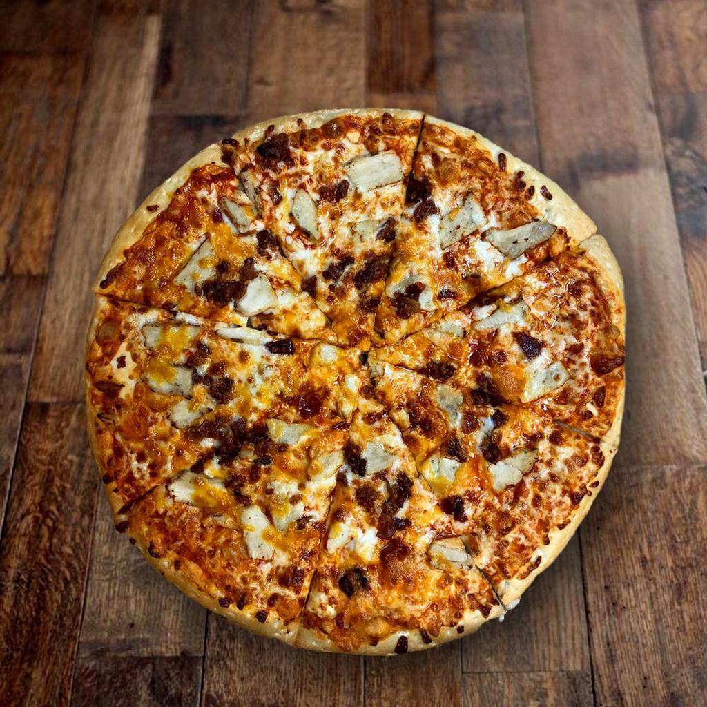 Mario's Buffalo Chicken Pizza · Mario's red, hot cayenne pepper sauce, roasted chicken, bacon, cheddar, mozzarella and drizzled with ranch dressing.