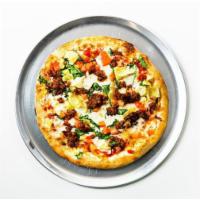 Impossible and Beyond · Vegetarian ?meat?, sun-dried tomatoes, artichoke hearts, vegan cheese blend, tomato sauce.