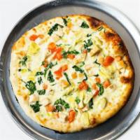 Chef's Fave · Grilled chicken, artichoke hearts, spinach, tomatoes, garlic cream sauce, house cheese blend.