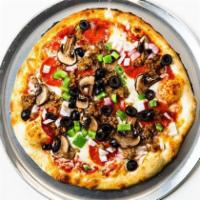 First Class Pie · Pepperoni, Italian sausage, mushrooms, olives, bell peppers, red onion, tomato sauce, house ...