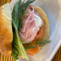 Smoked Salmon & Bel Paese On Roll · Norwegian smoked salmon, creamy Bel Paese cheese , romaine, pickled onion & fresh dill on a ...