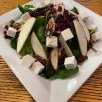 Apple & Pecan Salad · Apples, pecans .carrots and tomatoes over baby spinach in raspberry vinaigrette.
