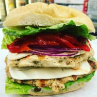 1. Classic Chicken · Grilled chicken, fresh mozzarella, grilled onion, roasted red peppers and leaf lettuce.