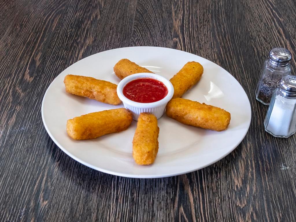 Mozzarella Sticks · Deep-fried cheese sticks. Crispy on the outside, gooey on the inside.