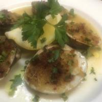 Clams Oreganata · Little neck clams, pancetta - herb crumbs, white wine.