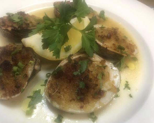 Clams Oreganata · Little neck clams, pancetta - herb crumbs, white wine.