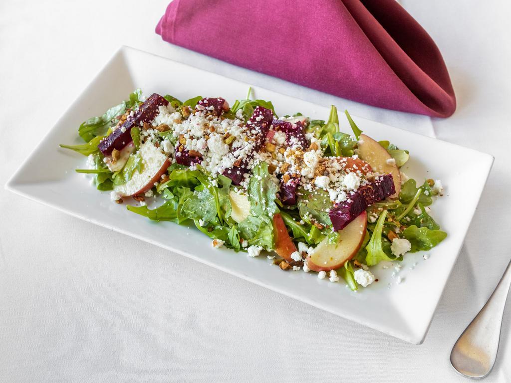 Roasted Beet - Apple Salad · Arugula, goat cheese, pistachio, white balsamic vinaigrette.