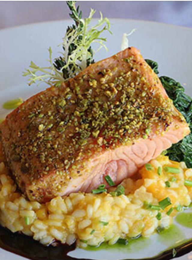 Pistachio Crusted Salmon · Butternut squash risotto, spinach, red wine agrodolce sauce.
