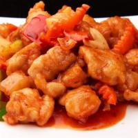 Thai Sweet and Sour Chicken · Served with choice of rice. Lightly fried boneless chicken breast sauteed with pineapple, pe...