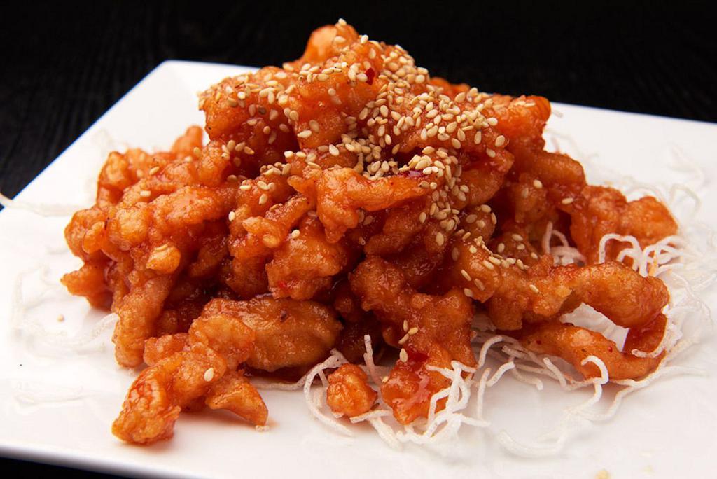 Large Shredded Crispy Chicken · Shredded slices of chicken coated with sweet and spicy sauce.