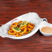 Seven Spicy Calamari · Fried calamari tossed in Japanese chili. Served with spicy mayo.