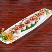 Sakura Roll · Spicy tuna, boiled shrimp, and avocado. Topped with mixed fresh fish and jalapeño, spicy may...