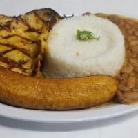 #12. Pechuga de Pollo a la Parrilla con Maduro · Servidos con arrow frijoles, maduro.  grilled chicken breast with rice, beans and sweet plan...