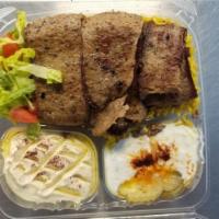 14. Lamb Plate  طبق لام · Saffron rice, salad, hummus, tzatziki, pita bread. Choice of sauce.