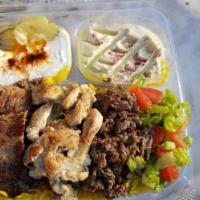 15. Beef Plate  طبق بيف شاورما · Saffron rice, salad, hummus, tzatziki, pita bread. Choice of sauce. 