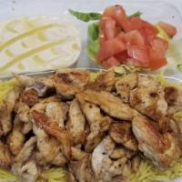 16. Chicken Shawarma Plate طبق شاورما دجاج · Saffron rice, salad, hummus, tzatziki, pita bread. Choice of sauce.