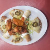 Sampler  · A variety of appetizers mini flautas, wings, nachos, quesado, and jalapenos.