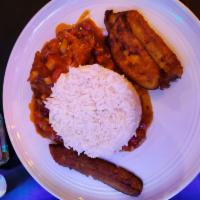 Brown Stew Chicken · Pan-fried chicken slow-cooked in a rich gravy. Served with your choice of rice, salad or ste...