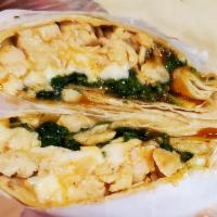 Greek Chicken Wrap · Chicken, feta cheese, spinach, olives, onions, and Greek dressing.