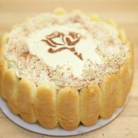 Tiramisu · Sponge cake soaked in a marsala wine, coffee, and rum flavoring, cut into 3 layers in betwee...