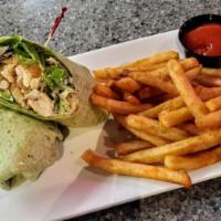 Chicken Cesar Salad Wrap · Romaine mix with fried or grilled chicken, tossed in Cesar dressing and topped with shredded...
