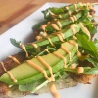 Scallion Pancakes · Pan fried. Topped with avocado, arugus and cashew cheese and spicy mayo.