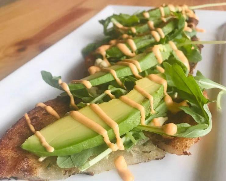 Scallion Pancakes · Pan fried. Topped with avocado, arugus and cashew cheese and spicy mayo.