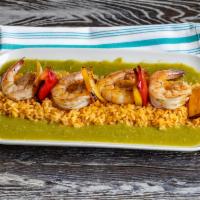 Alambre de Camaron · Shrimp skewers with peppers & onions, server over a house rice & salsa verde.