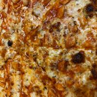 16” Chicken Wing Pizza  · Homemade bleu cheese dressing covers this fresh dough pizza, topped with mozzarella, chicken...
