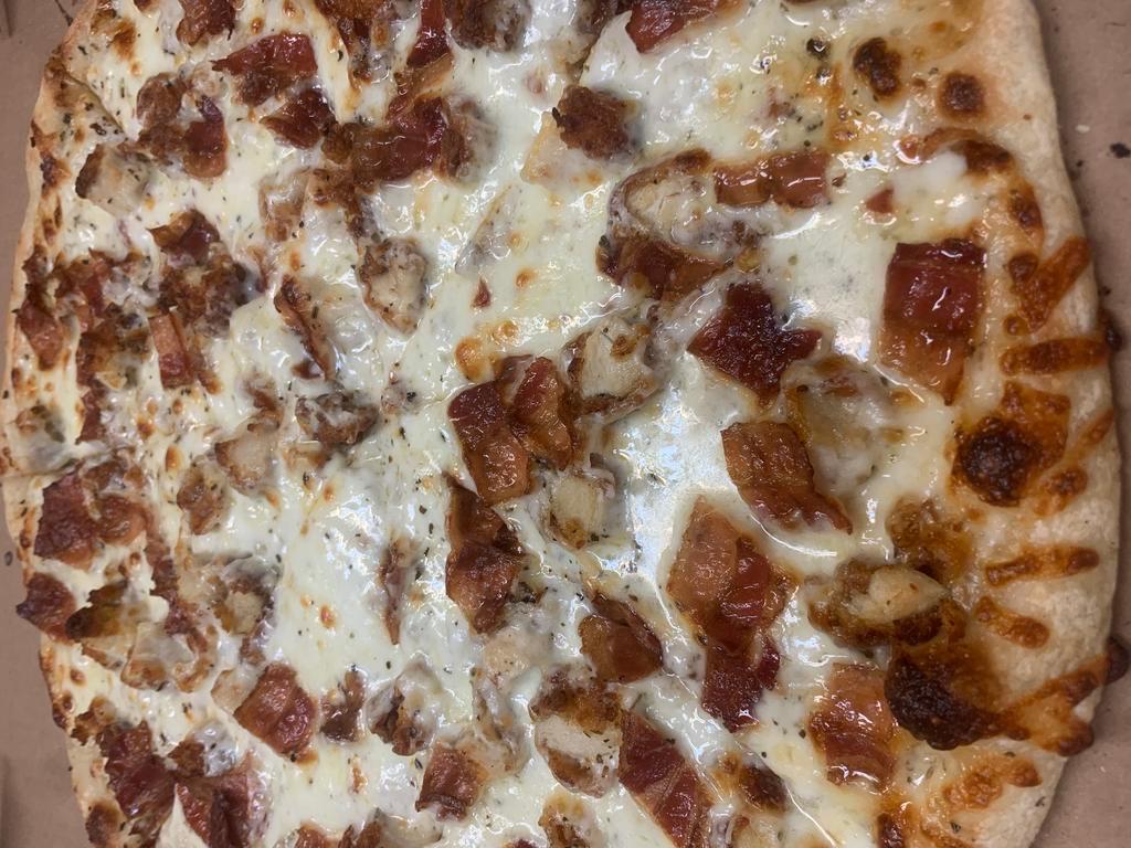 16” Chicken Bacon Ranch  · Ranch dressing layered over our freshly made dough, topped with mozzarella, breaded chicken & bacon. 