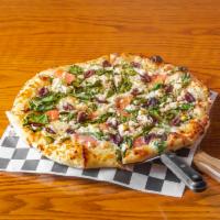 12” Greek Pizza  · 12” white pizza, topped with mozzarella, freshly sliced tomatoes, feta cheese, and Kalamata ...
