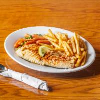Broiled Haddock Dinner · Fresh haddock, broiled with lemon butter, coleslaw and a choice of fresh cut seasoned fries ...