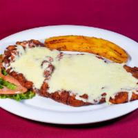 Milanesa de Pollo con Queso Platter · Breaded chicken topped with melted cheese and served with rice beans, fried plantain and sal...