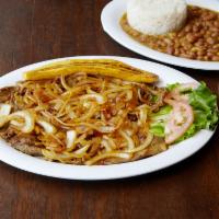 Bistek Encebollado Plato · Steak and onions served with rice, beans, sweet plantain and salad.