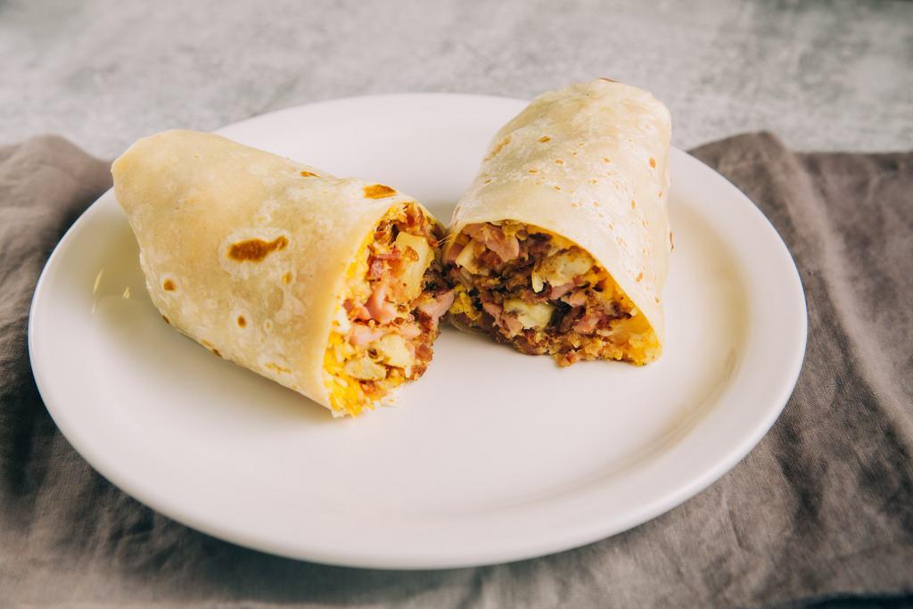 Bacon and Eggs Breakfast Burrito · Bacon, potatoes, egg and cheese.