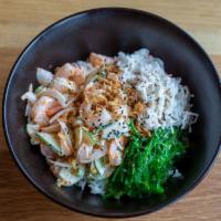 Wasabi Shrimp Bowl · Steamed shrimp, sweet onion, scallion, cucumber, masago and wasabi mayo.