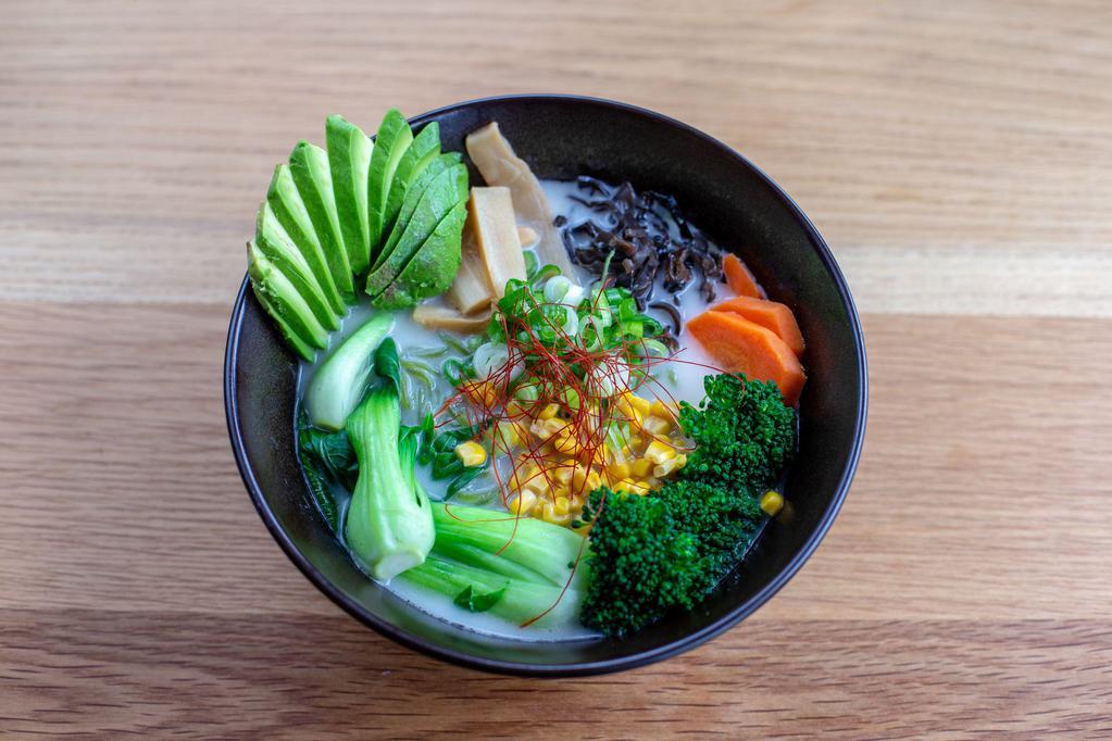 Veggie Ramen Bowl · Kale noodles in our special vegan broth topped with market veggies like avocado, broccoli, corn, mushroom, scallions, bamboo shoots and carrot.
