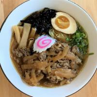 Beef Ramen · Wavy noodles in our special shoyu broth topped with thinly sliced and braised beef and onion...