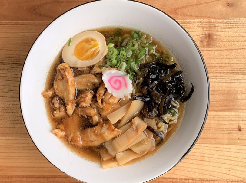 Chicken Teriyaki Ramen · Wavy noodles in our special shoyu broth topped with chicken teriyaki, scallions, bamboo shoots, kikurage mushrooms, fish cake and half boiled egg
