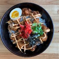 Chicken Karaage Rice Bowl · Asian style chicken nugget seasoned with ginger, garlic, soy sauce and together with half bo...