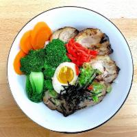 Pork Chashu Rice Bowl · Braised pork belly, scallion, half boiled egg pickled ginger and sesame seeds nori over whit...