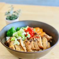 Chicken Teriyaki Rice Bowl · Chicken teriyaki with veggie, red ginger, scallion, nori on top of white rice.