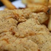 Chicken Tenders · 4 pieces of Country style breaded chicken tenders served with your choice of BBQ, or Ranch